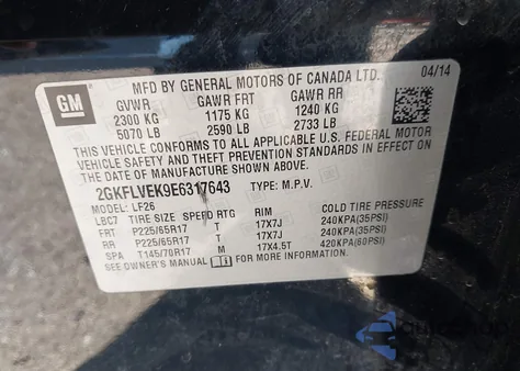 2014 GMC Terrain Sle-1 z USA, uszkodzony, nr VIN 2GKFLVEK9E6317643